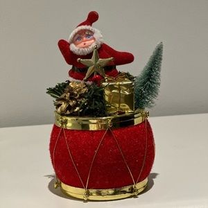Flocked Santa on Drum Christmas Decor Vintage